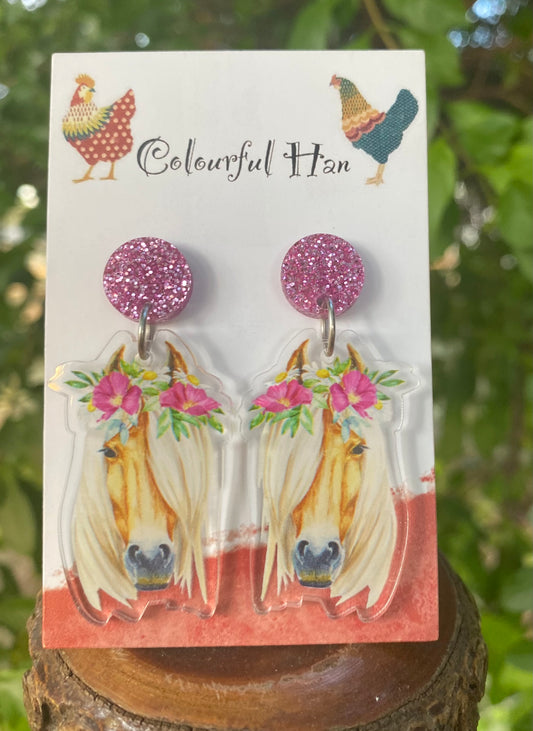 Flower horse head earrings