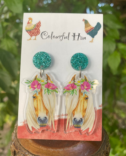 Flower horse head earrings